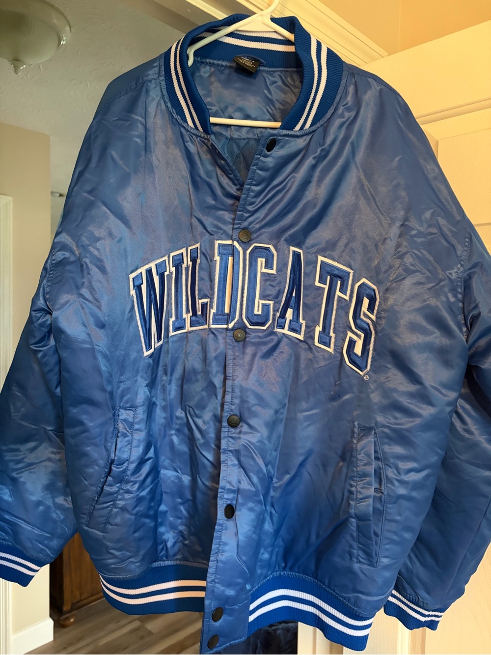 STARTER Blue Wildcats Satin Varsity Bomber Jacket